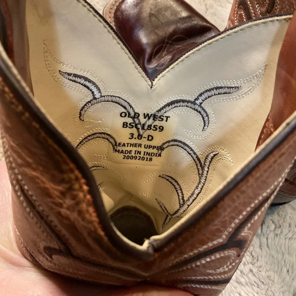 Old West Cowboy‎ Boots Size 3 BSC1859 Square Toe Brown Rust Top